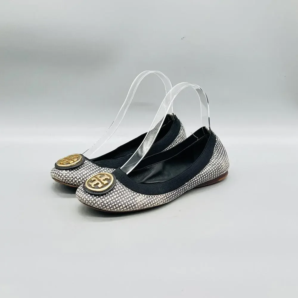 Tory Burch Shoes Womens 6 Silver Leather Check Logo Ballet Flats Slip On Party